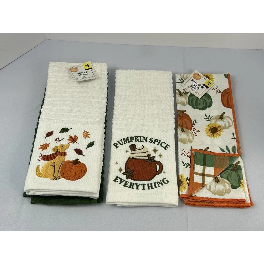 4 Pc Fall Kitchen Towel Set Pumpkin Spice Dog Sunflower Cotton Harvest